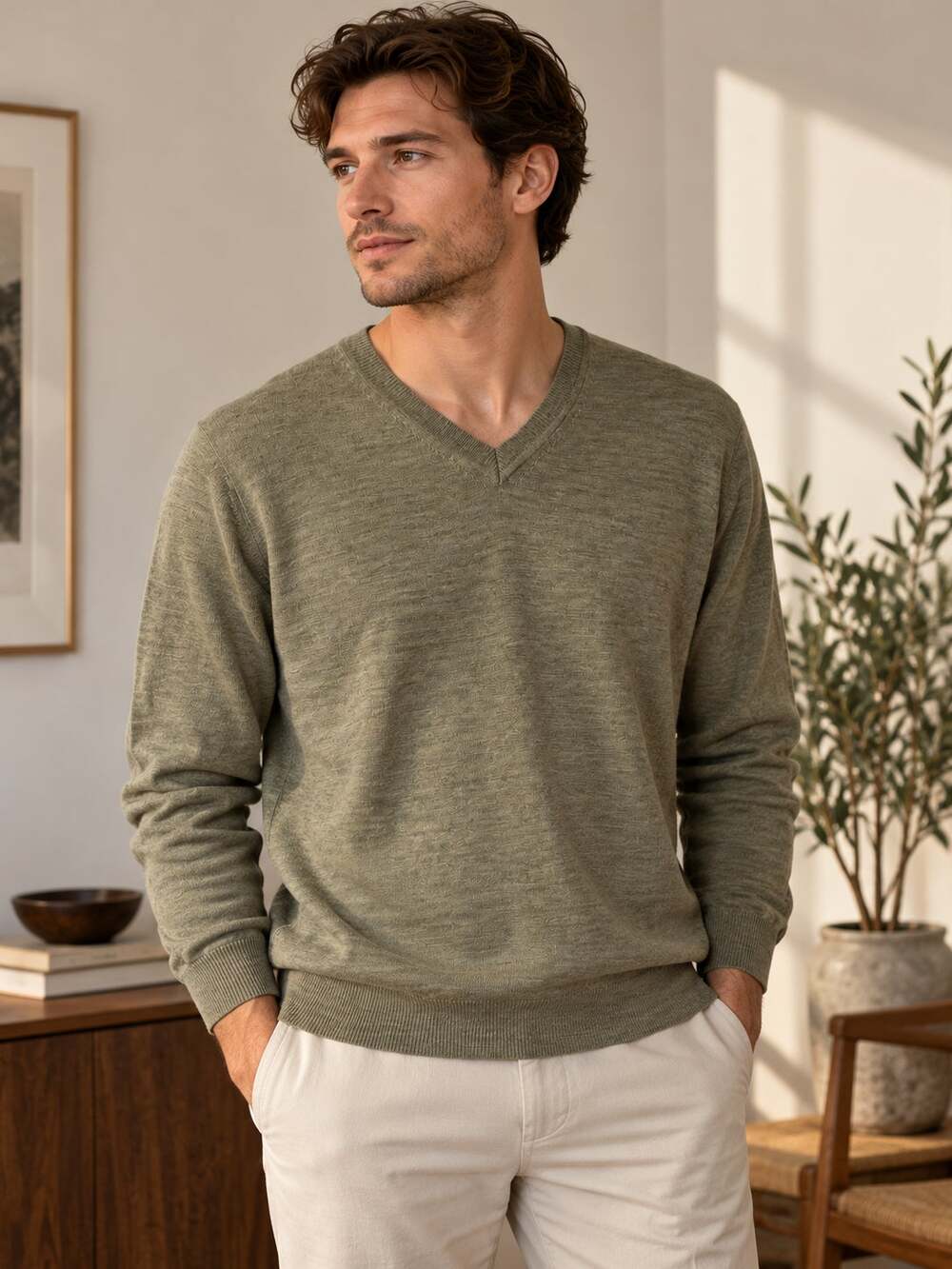Joseph & Lyman Mens L 100% Italian Merino Wool V-Neck Sweater Olive Green Khaki